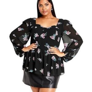 City Chic NWT Women's Black Floral Jemina Peplum Peasant Blouse Top Size 24